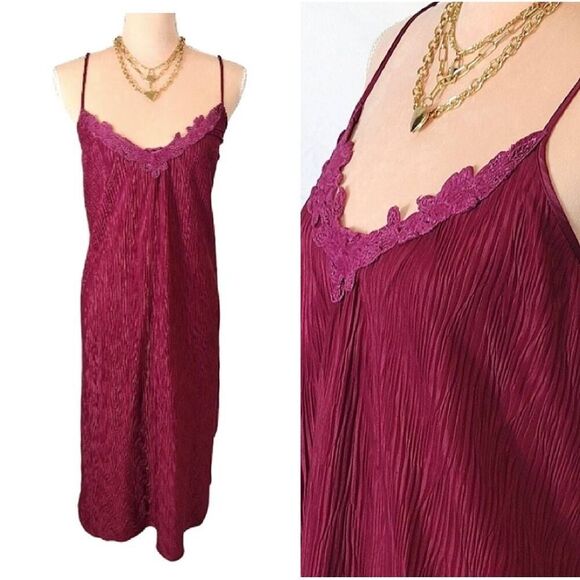 VTG 80s Fuscia Textured Floral Applique Tank Midi Slip Dress Size Large - Picture 1 of 16